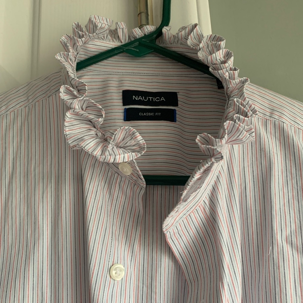 Nautica Ruffled Pinstripe Upcycled Oversized Button Down Shirt